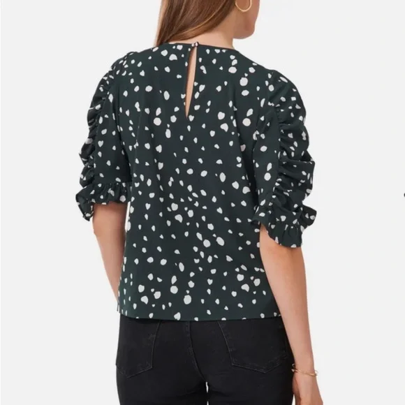 1.STATE Autumnal Colors Puff Sleeve Top Blouse Short in Animal Dots Green Medium - Picture 3 of 3